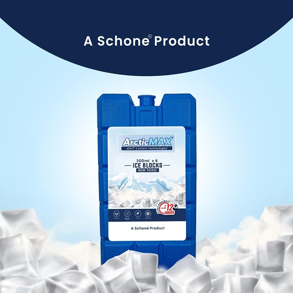 Single ArcticMAX eco-friendly ice block with label and frozen cubes, showcasing 12+ hours cooling duration.