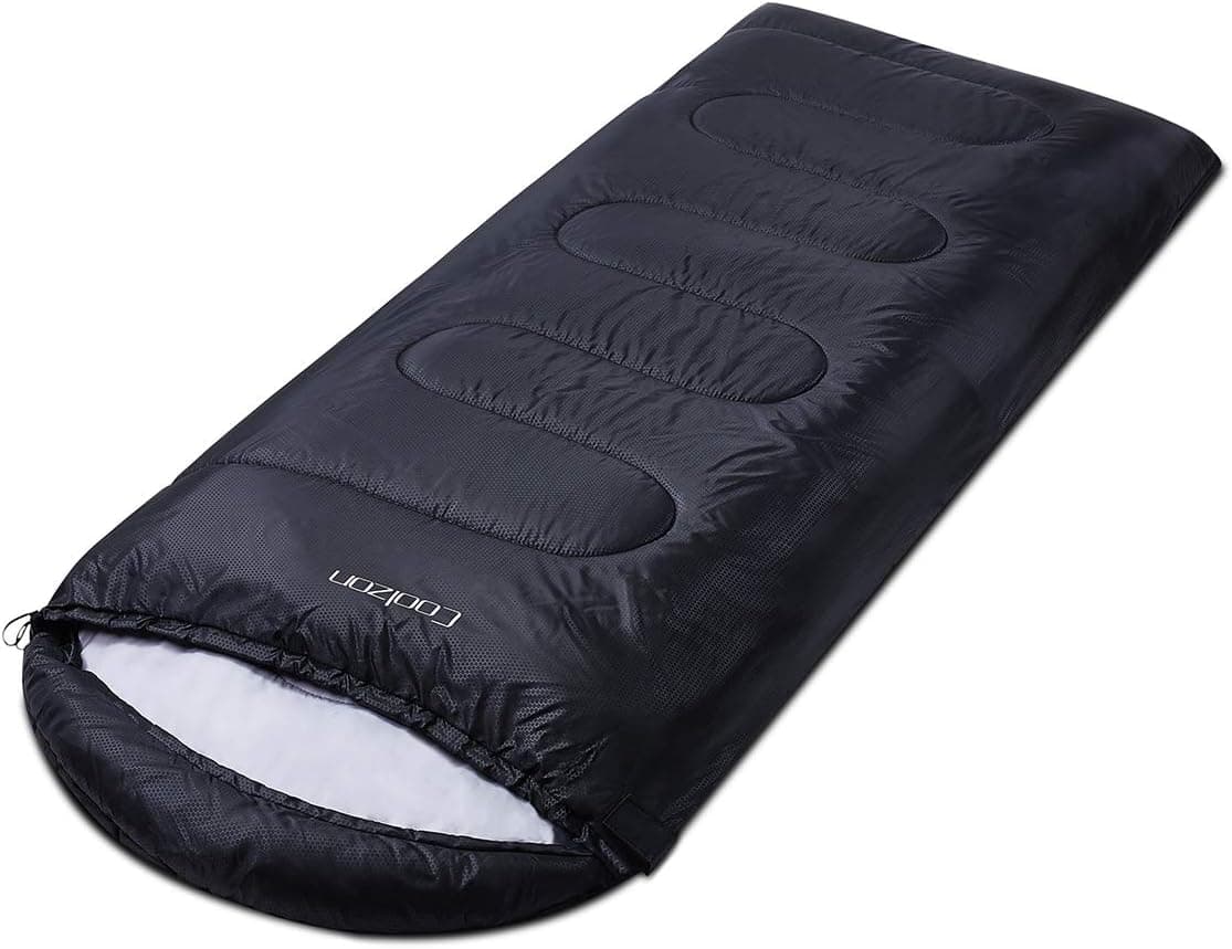 Black outdoor 3-season sleeping bag shown open, highlighting roomy interior and soft lining for comfort.