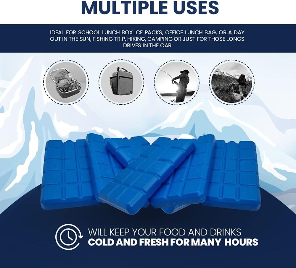 Ice packs shown for lunch boxes, camping, hiking, and travel use—keeps food and drinks cold for hours.