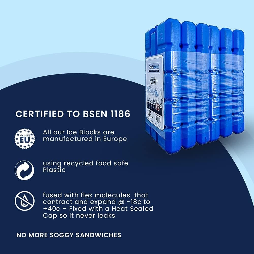 Reusable gel ice blocks made in Europe with food-safe recycled plastic and BSEN 1186 certification.