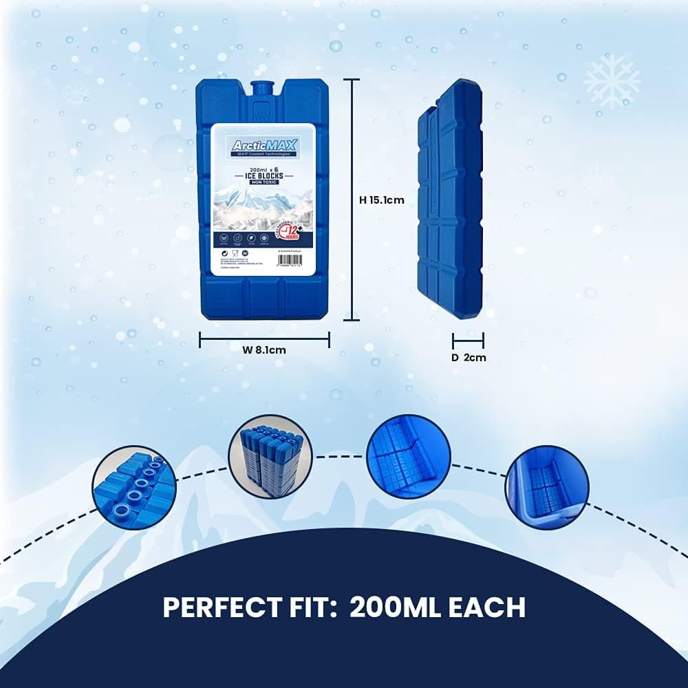 Size guide for 200ml ice packs with dimensions shown for perfect fit in lunch boxes, coolers, and bags.