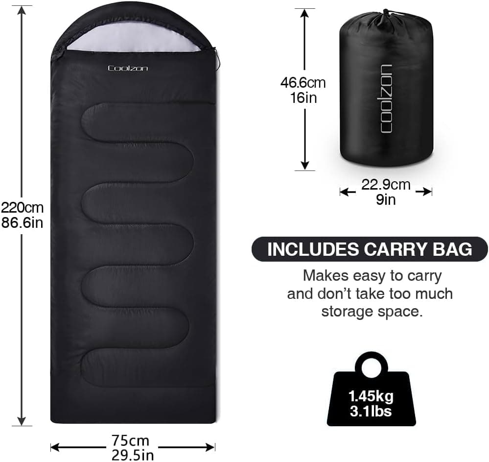 Dimensions and weight of lightweight sleeping bag with carry bag, perfect for compact outdoor and travel use.