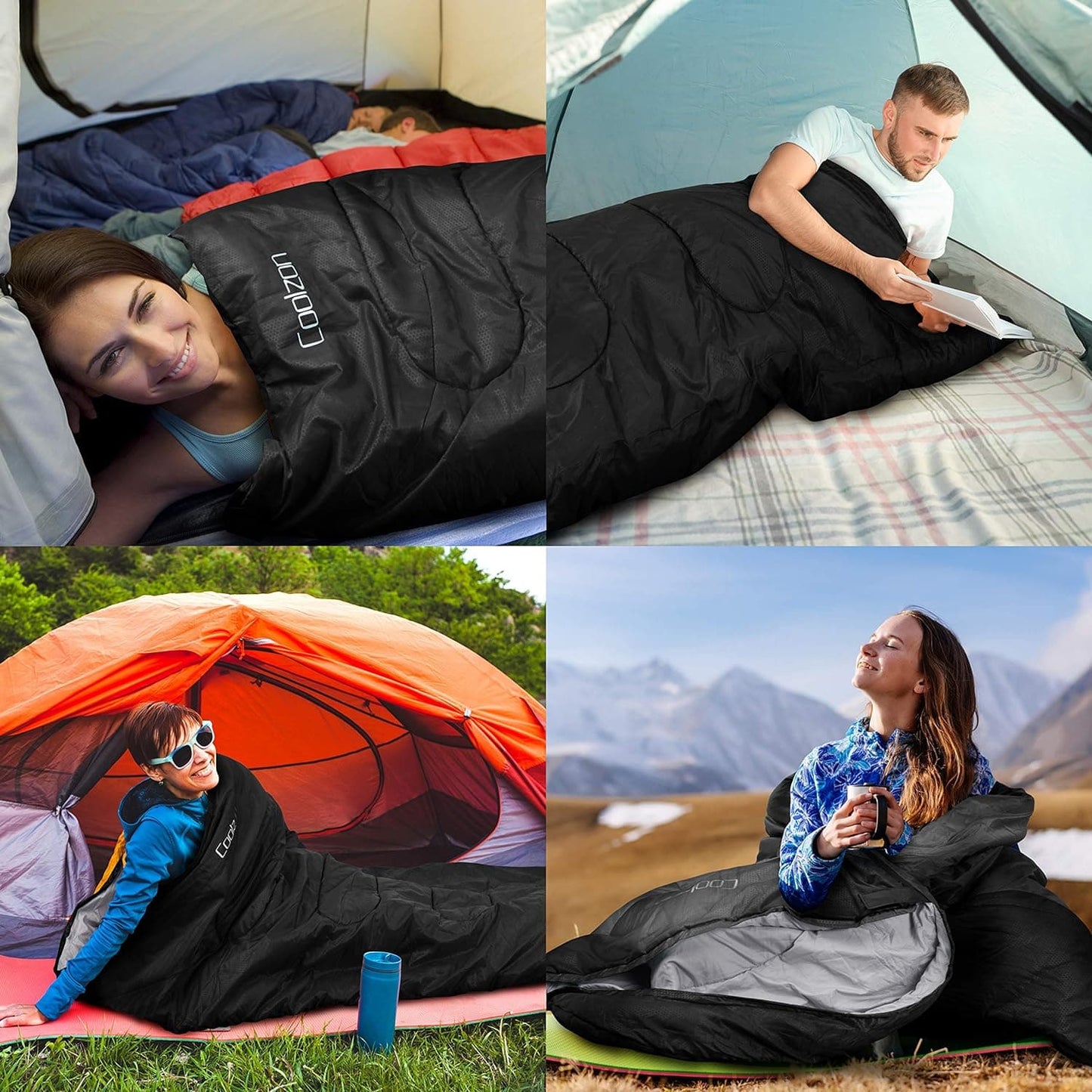 Campers using sleeping bags in tents and outdoors, showing comfort, warmth, and versatility in real outdoor settings.