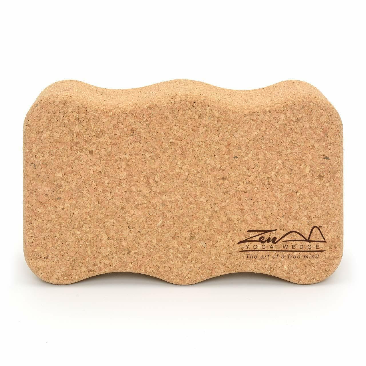 Zen Yoga Wedge curved cork block front view showing natural cork texture and ergonomic design