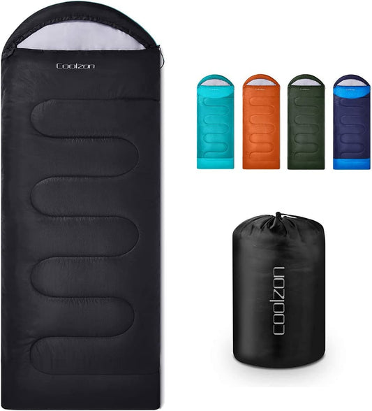 Outdoor sleeping bag with compression sack and colour options, ideal for camping and hiking in 3-4 seasons.