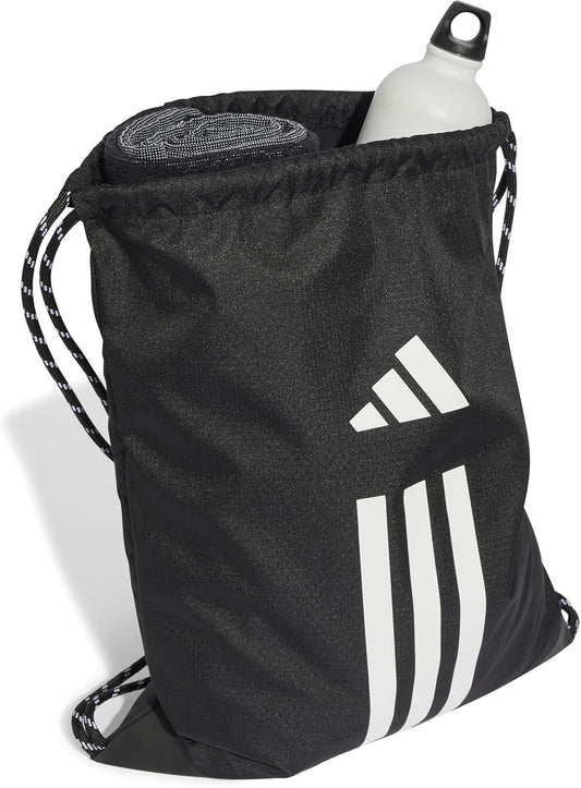 Unisex drawstring gym bag with towel and water bottle inside, showing spacious main compartment for fitness and sports gear.