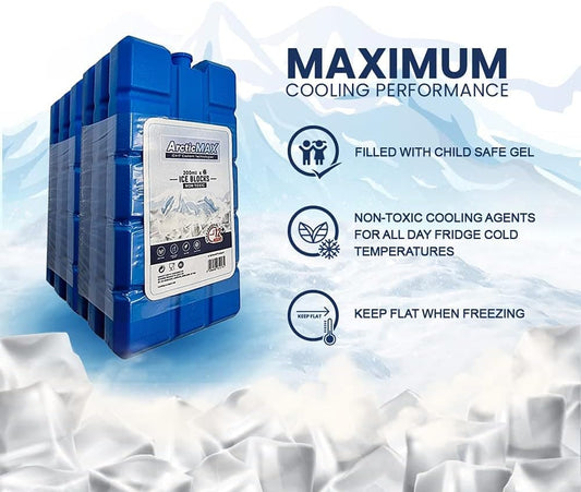 Ice packs highlighted with child-safe gel, non-toxic coolant, and instructions to freeze flat for optimal performance.