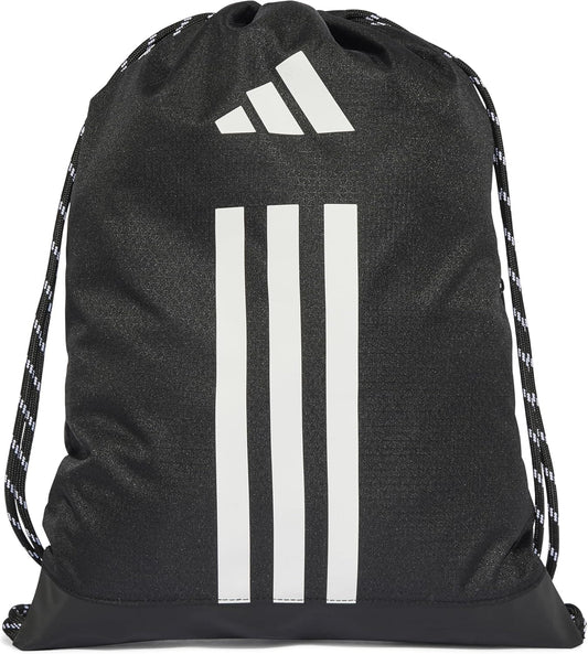 Front view of unisex black gym bag with white stripes, showcasing sleek design and compact storage for workout gear.