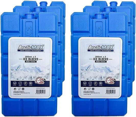 6-pack of reusable 200ml ice blocks with eco gel, shown upright in blue packaging for cooling food and drinks.