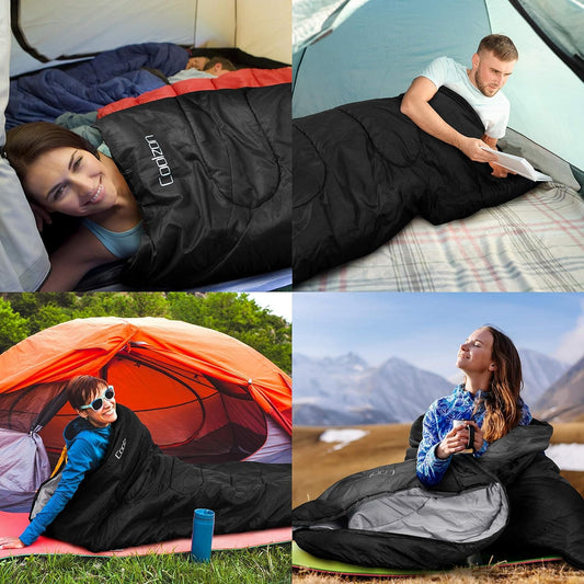 Campers using sleeping bags in tents and outdoors, showing comfort, warmth, and versatility in real outdoor settings.