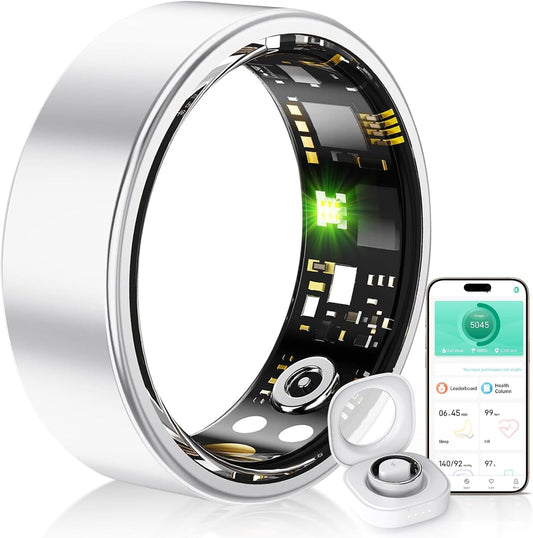 Smart ring internal technology view with green LED sensors and companion mobile health app interface