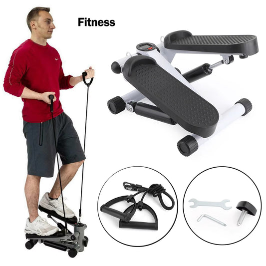 Man using compact stair stepper with resistance bands for full-body workout.